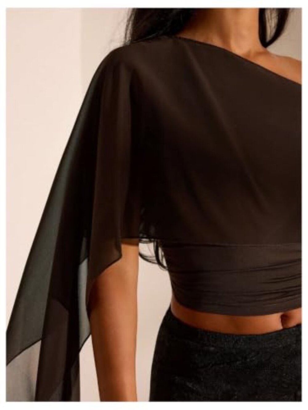Women's Off Shoulder Cropped Cape Top Mesh Poncho 3/4 Sleeve Asymmetrical - Picture 2 of 5